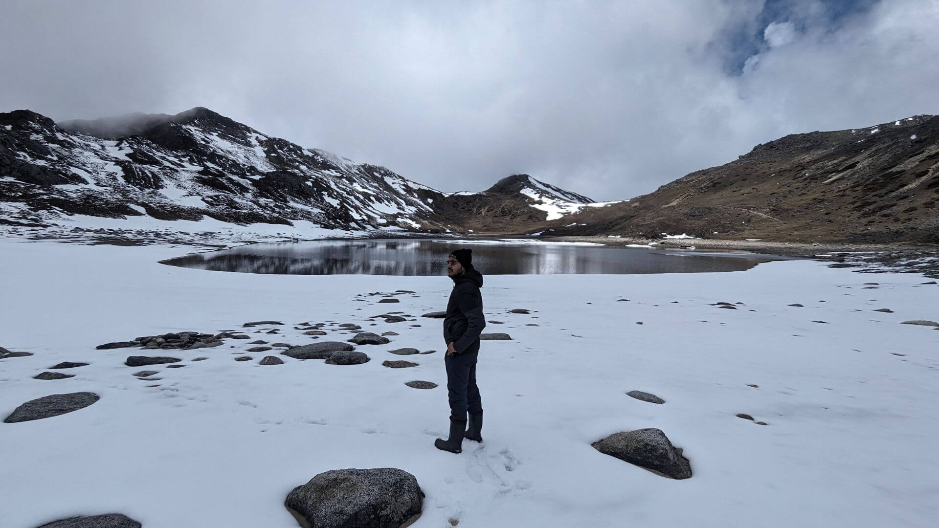 Snow-covered landscape with a serene mountain lake surrounded by rugged Himalayan peaks during sunset.