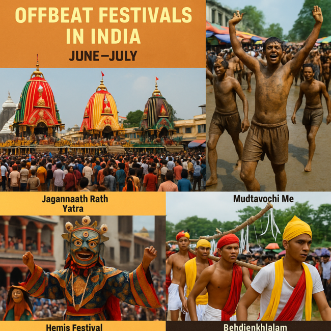 Collage of four vibrant Indian festivals celebrated in June–July. Top-left: Colorful chariots at Jagannath Rath Yatra in Odisha. Top-right: Mud-smeared devotees during Chikhal Kalo festival in Goa. Bottom-left: A masked monk performing at Hemis Festival in Ladakh. Bottom-right: Tribal youth dancing at Behdienkhlam Festival in Meghalaya.