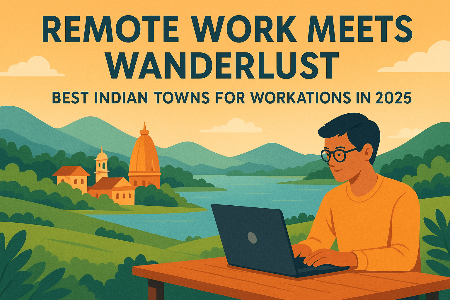 Digital illustration promoting workations in India for 2025, featuring a person working on a laptop at a wooden desk in a scenic outdoor setting with green hills, a lake, and temple structures in the background under a warm, orange-hued sky.