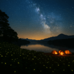 A night-time photograph of Bhandardara Fireflies Festival showing glowing yellow fireflies illuminating trees and lakeside tents under a starry sky in the Sahyadri hills.
