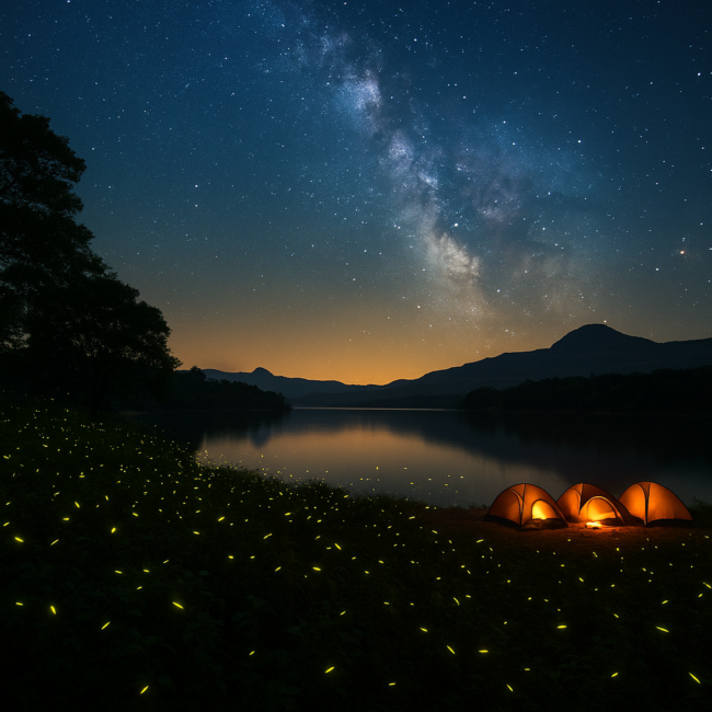 A night-time photograph of Bhandardara Fireflies Festival showing glowing yellow fireflies illuminating trees and lakeside tents under a starry sky in the Sahyadri hills.