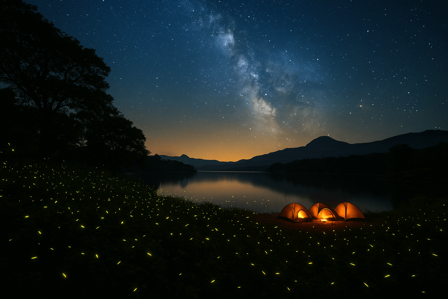 A night-time photograph of Bhandardara Fireflies Festival showing glowing yellow fireflies illuminating trees and lakeside tents under a starry sky in the Sahyadri hills.