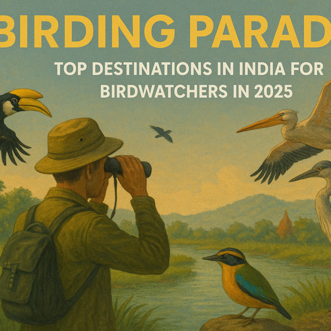 Illustration of a birdwatcher observing exotic birds like hornbill, pelican, heron, and pitta in a lush Indian wetland during sunset, with the title "Birding Paradise: Top Destinations in India for Birdwatchers in 2025