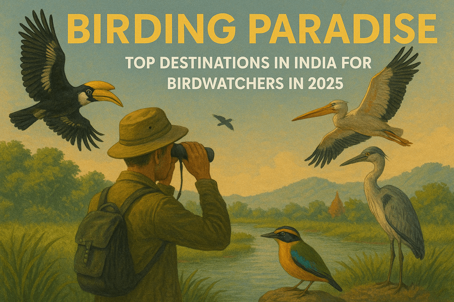 Illustration of a birdwatcher observing exotic birds like hornbill, pelican, heron, and pitta in a lush Indian wetland during sunset, with the title "Birding Paradise: Top Destinations in India for Birdwatchers in 2025