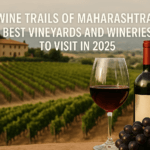 A realistic, high-resolution photo of a lush vineyard in Maharashtra with a wine glass, bottle, and grapes in the foreground. Rolling green hills, a rustic winery building, and hazy mountains complete the scenic wine country backdrop. White text overlaid reads, “Wine Trails of Maharashtra: Best Vineyards and Wineries to Visit in 2025.”