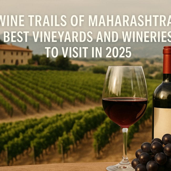 A realistic, high-resolution photo of a lush vineyard in Maharashtra with a wine glass, bottle, and grapes in the foreground. Rolling green hills, a rustic winery building, and hazy mountains complete the scenic wine country backdrop. White text overlaid reads, “Wine Trails of Maharashtra: Best Vineyards and Wineries to Visit in 2025.”