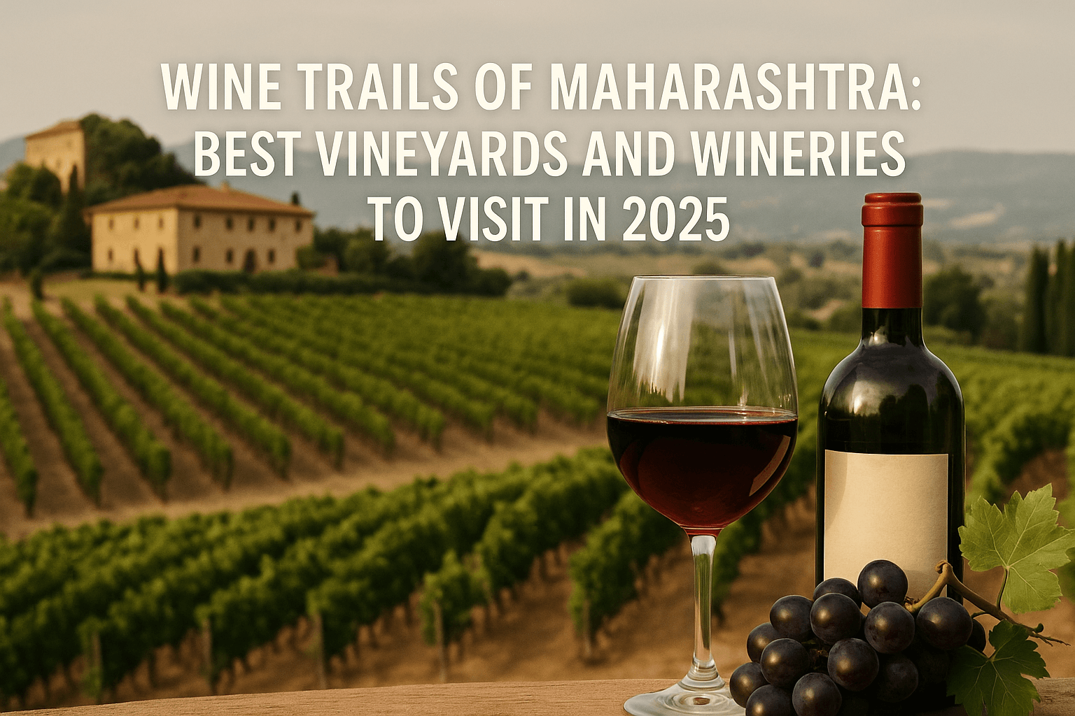 A realistic, high-resolution photo of a lush vineyard in Maharashtra with a wine glass, bottle, and grapes in the foreground. Rolling green hills, a rustic winery building, and hazy mountains complete the scenic wine country backdrop. White text overlaid reads, “Wine Trails of Maharashtra: Best Vineyards and Wineries to Visit in 2025.”