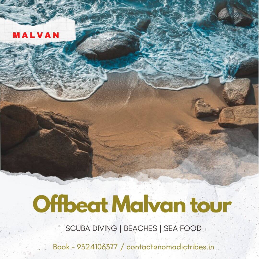 Promotional banner for an offbeat Malvan tour featuring a rocky beach shoreline with waves, highlighting scuba diving, beaches, and seafood experiences.