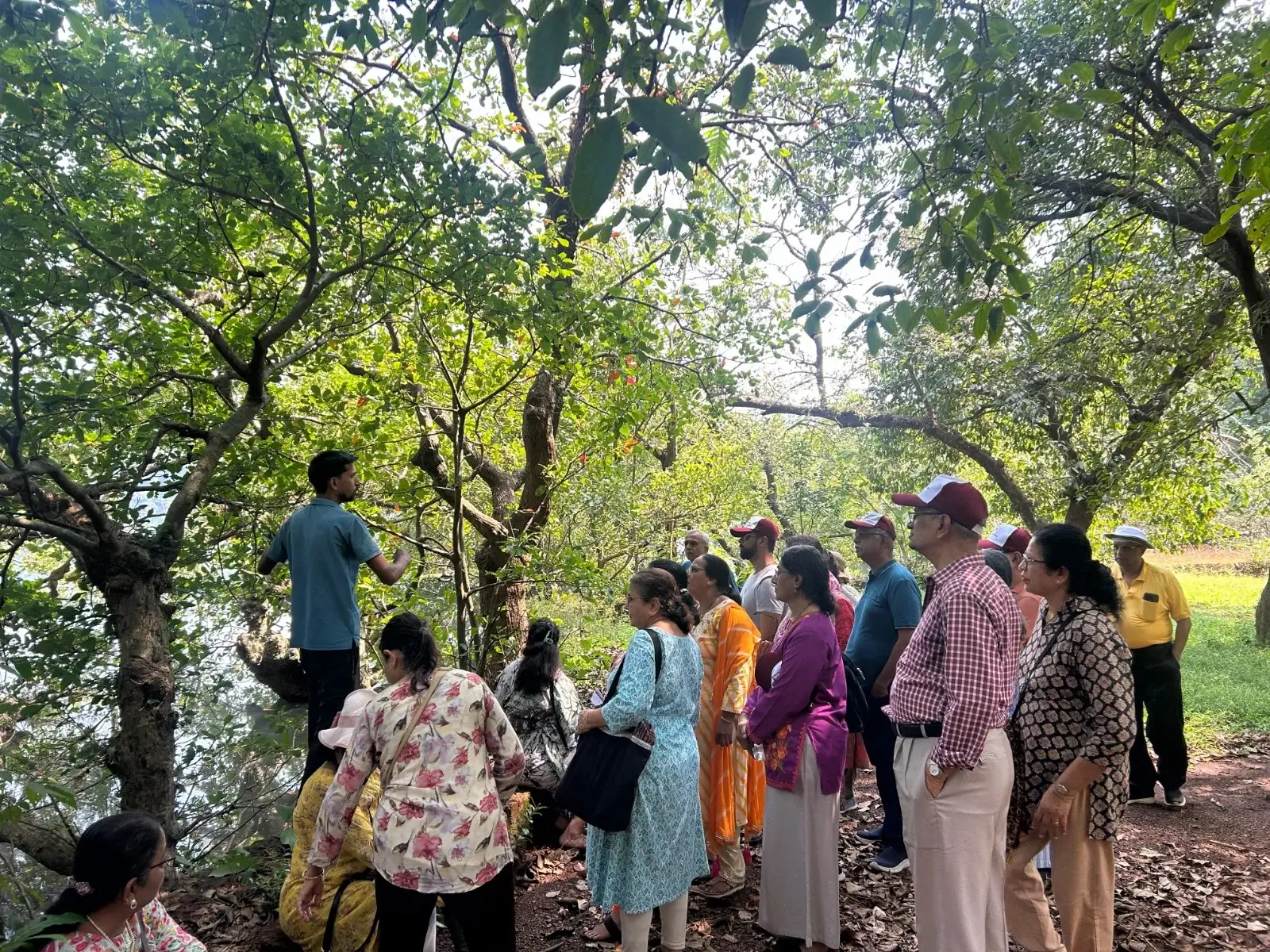 A group of participants listening to a nature guide during a forest walk near a water body, surrounded by dense green foliage.